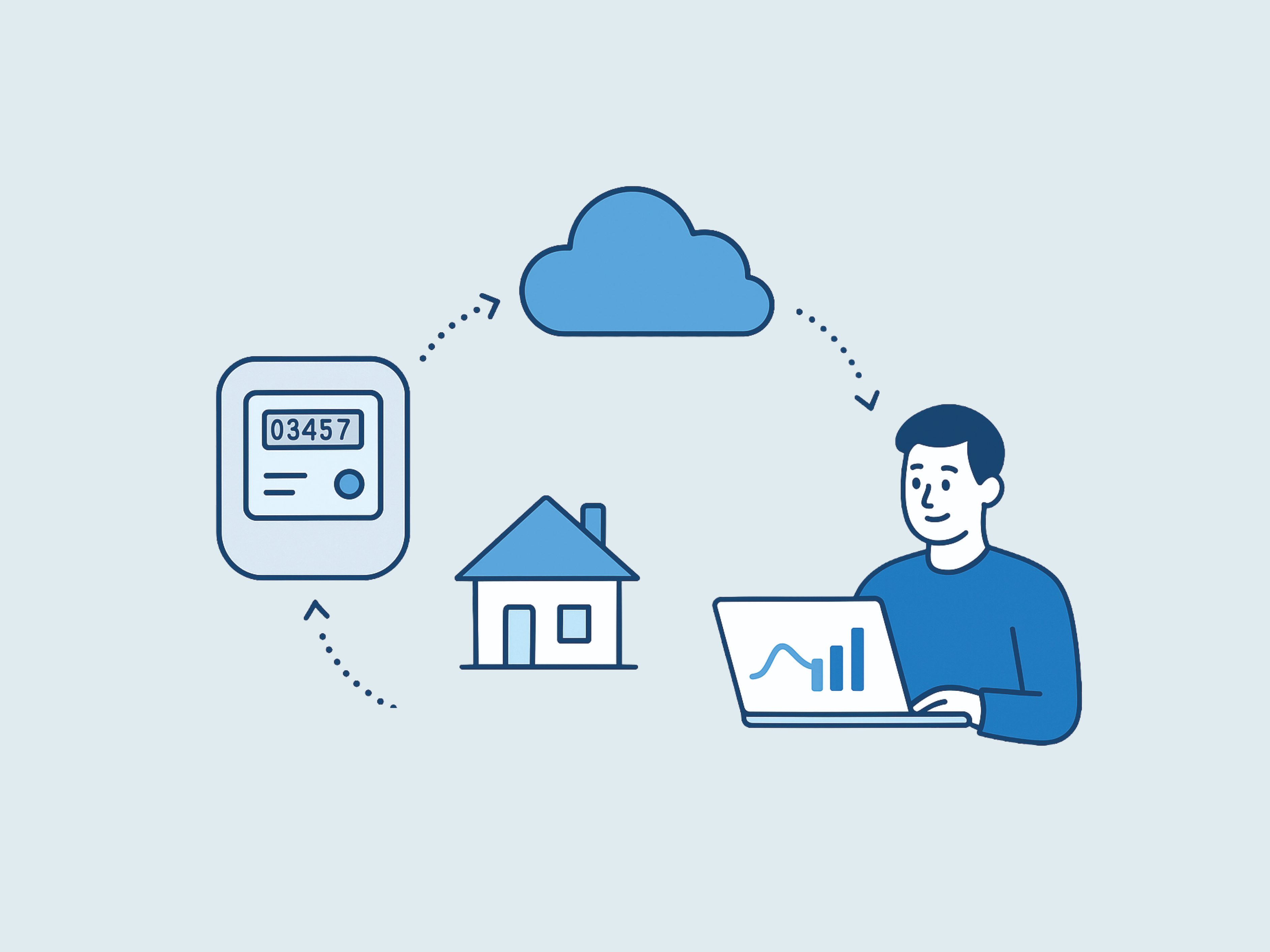 Illustration zum Energieservice: Ein Smart Meter, ein Haus, eine Cloud und ein Laptop sind durch Pfeile verbunden und symbolisieren den digitalen Datenaustausch zwischen Zähler, Haushalt und Energieserviceanbieter.