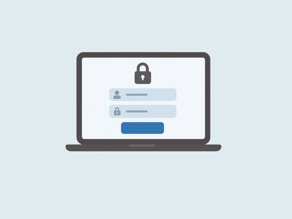 Laptop mit Login-Maske und Schloss-Symbol vor zweifarbiger, blauem Hintergrund.
