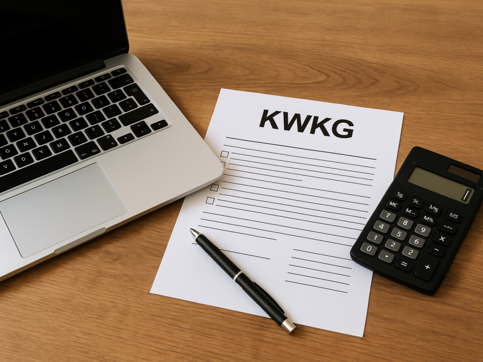 Schreibtisch mit Laptop, Formular und Taschenrechner