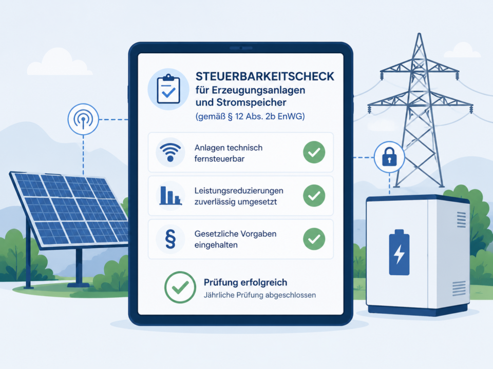 Illustration eines digitalen Steuerbarkeitschecks für Erzeugungsanlagen und Stromspeicher mit Solaranlage, Batteriespeicher, Stromnetz und erfolgreich geprüften Kriterien auf einem Tablet.