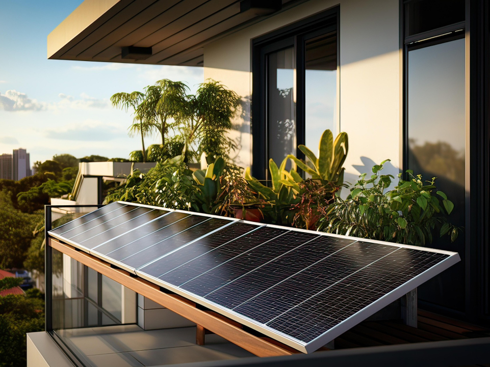steckerfertige Photovoltaikanlagen (Balkonkraftwerke) auf einem Balkon mit vielen Pflanzen
