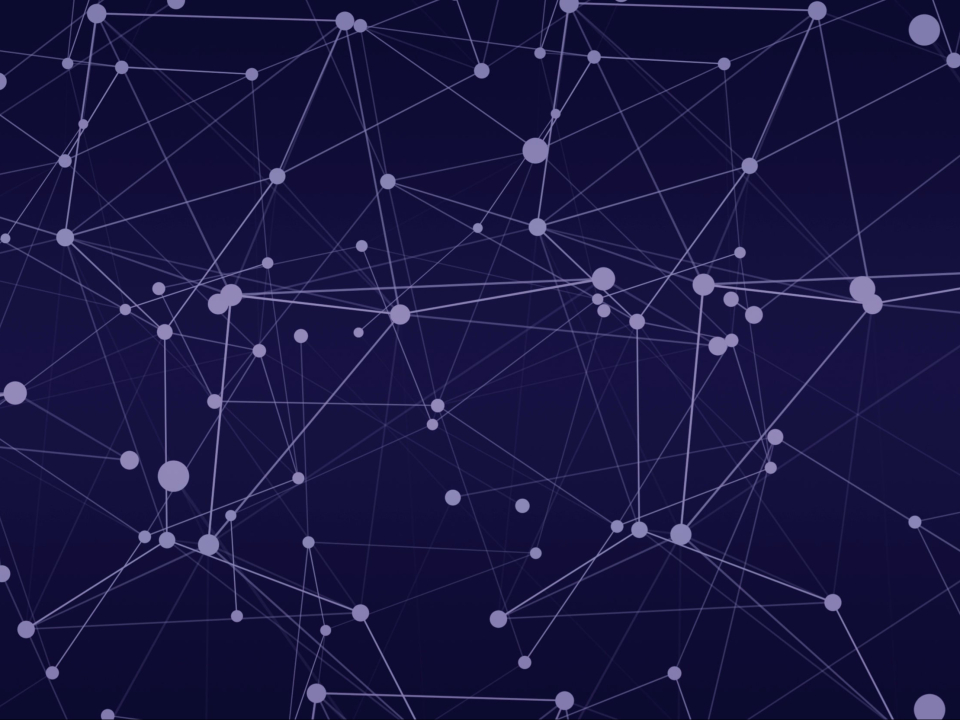 Abstrakte dunkelblaue Grafik mit einem Netzwerk aus verbundenen Linien und Punkten in verschiedenen Größen.